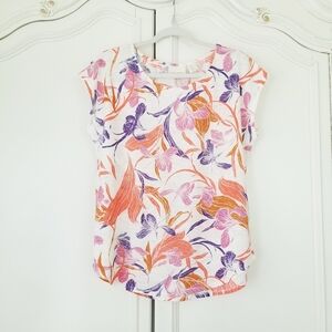 Cynthia Rowley Knit Linen Orange Purple Tropical Iris Cap Sleeve Top Large